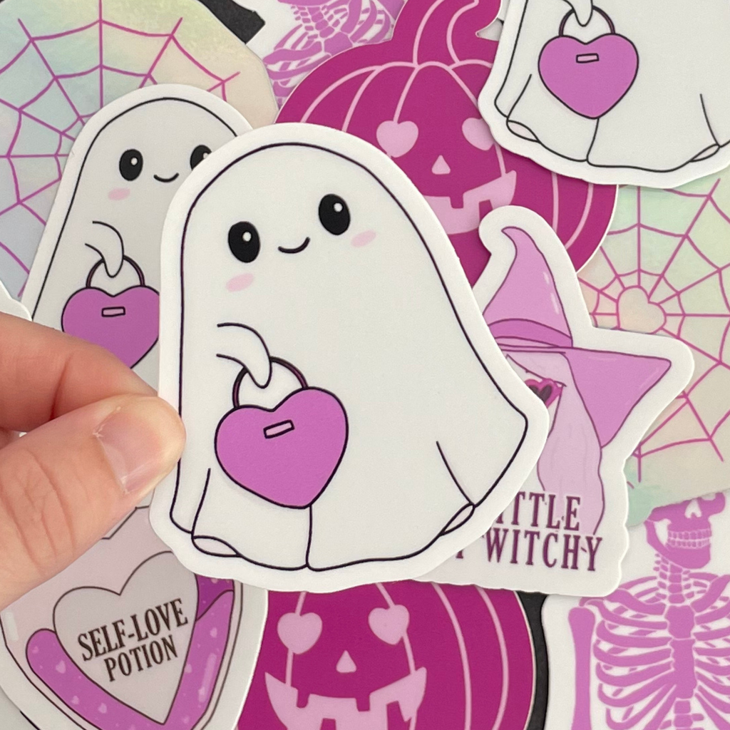 Ghost Holding a Heart Purse Sticker