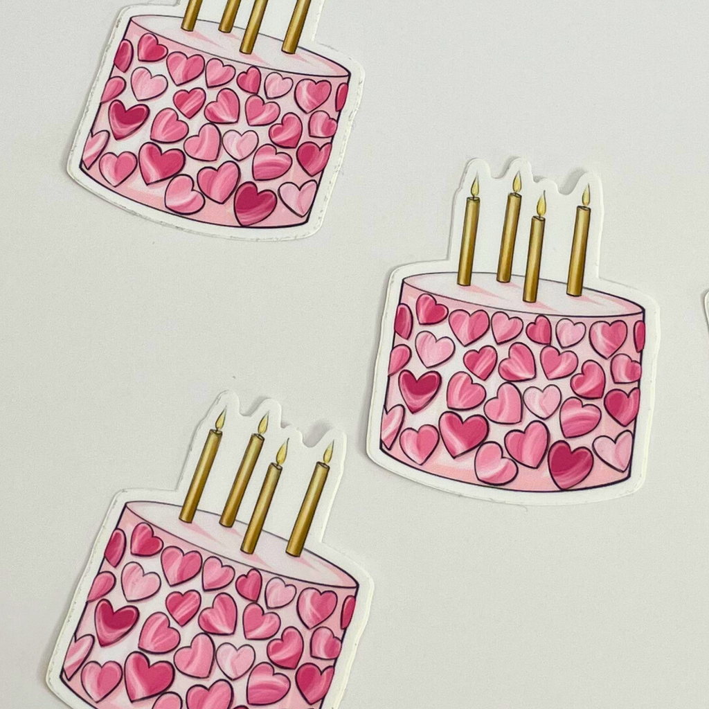 Pink Heart Birthday Cake Sticker