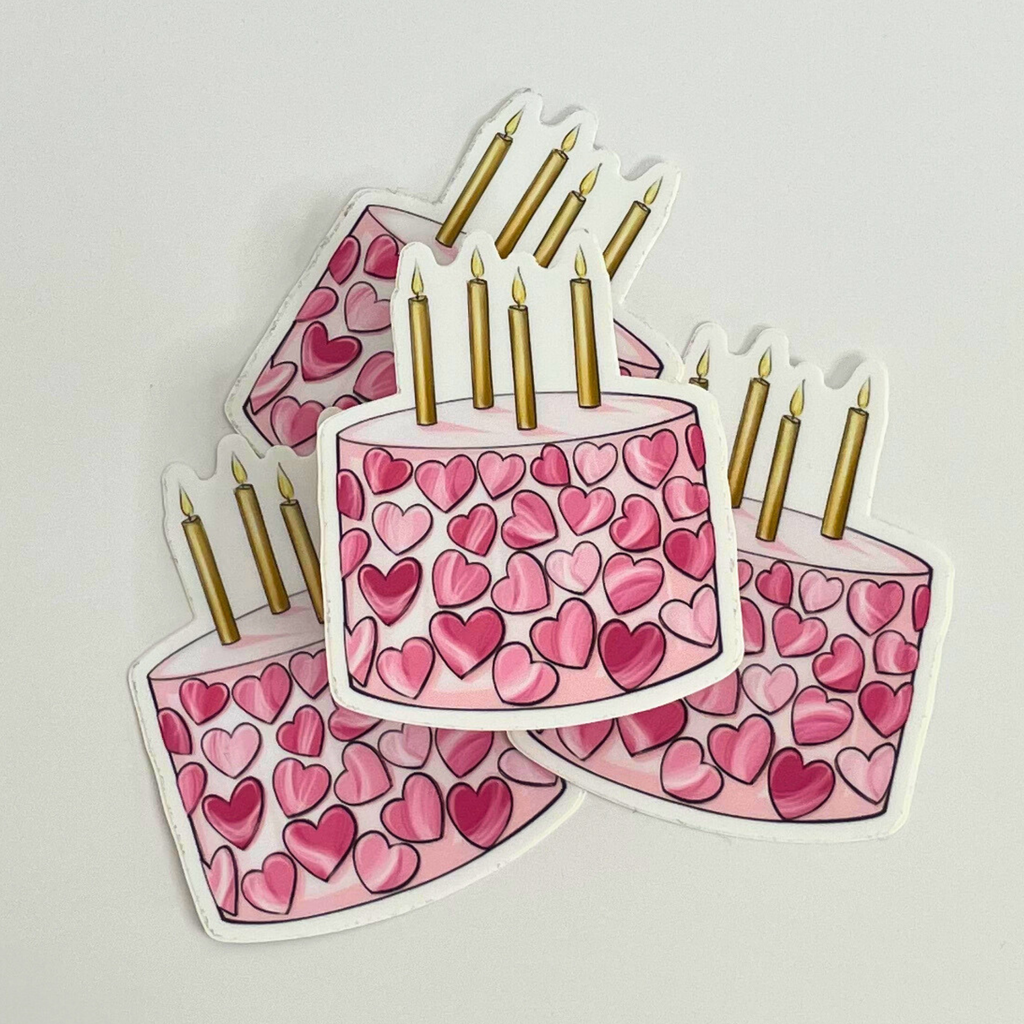 Pink Heart Birthday Cake Sticker