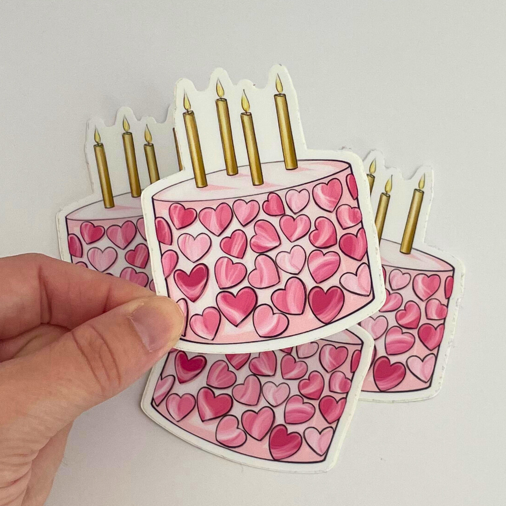 Pink Heart Birthday Cake Sticker