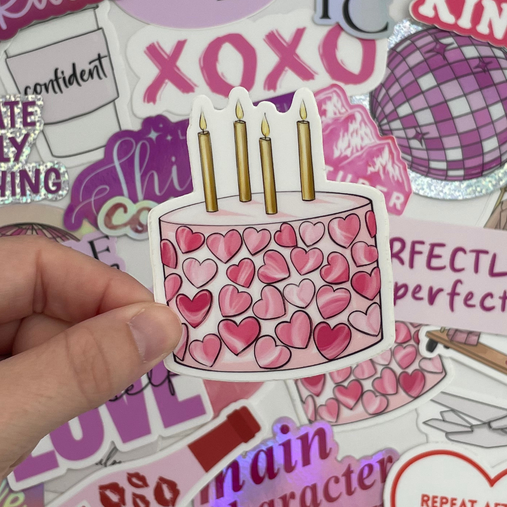 Pink Heart Birthday Cake Sticker