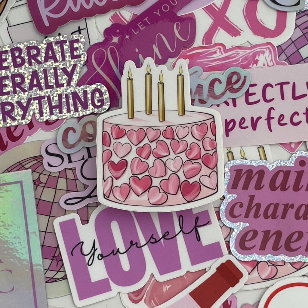 Pink Heart Birthday Cake Sticker