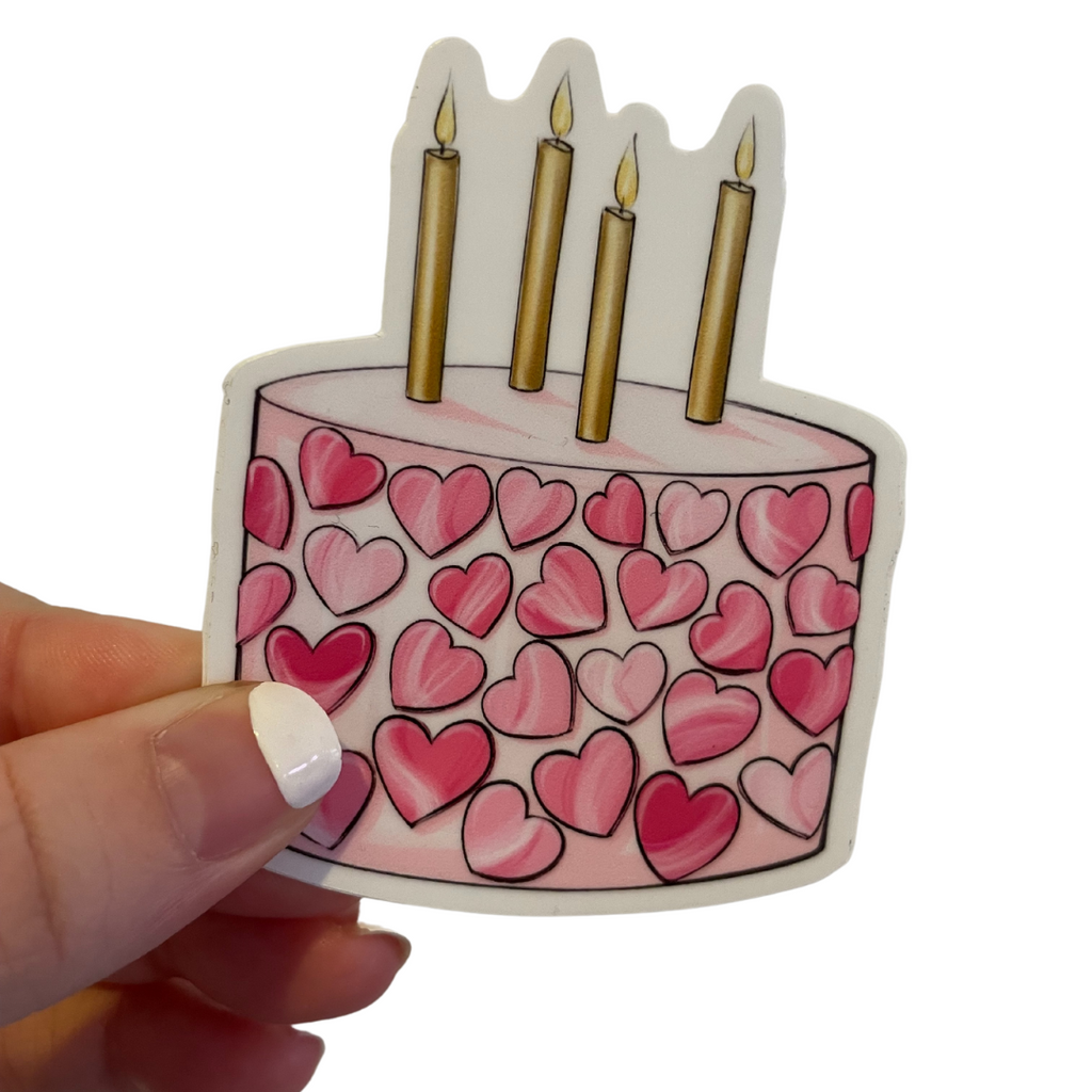 Pink Heart Birthday Cake Sticker